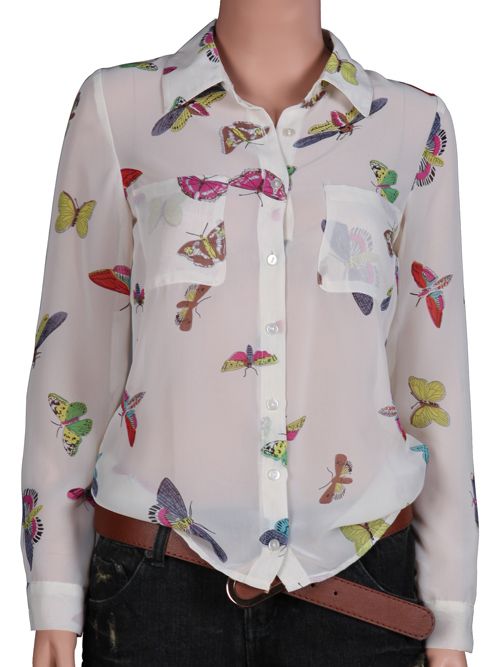 BUTTERFLY PRINT LONG SLEEVE CHIFFON SHIRT 2483  