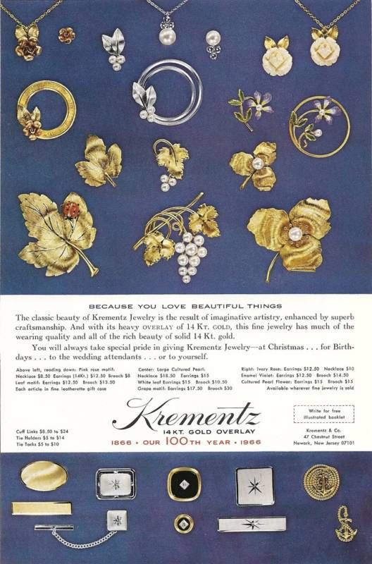 1965 KREMENTZ JEWELRY Vintage Print Ad 14KT OVERLAY  