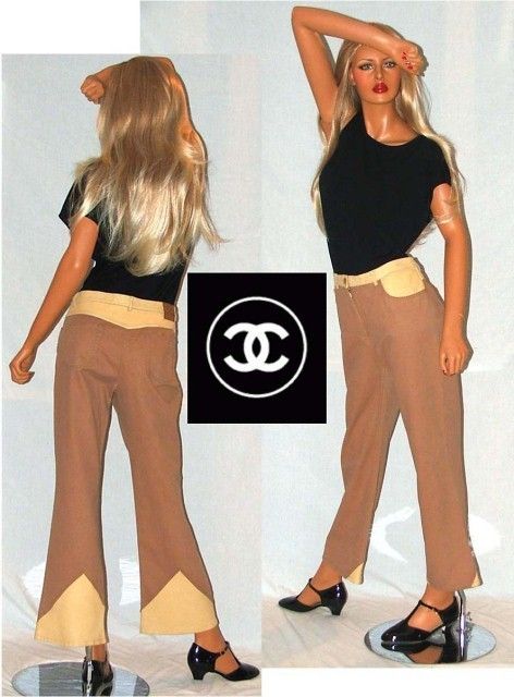 CHANEL Leather & Denim Khaki Pants w/ Black Shirt Sz 14  