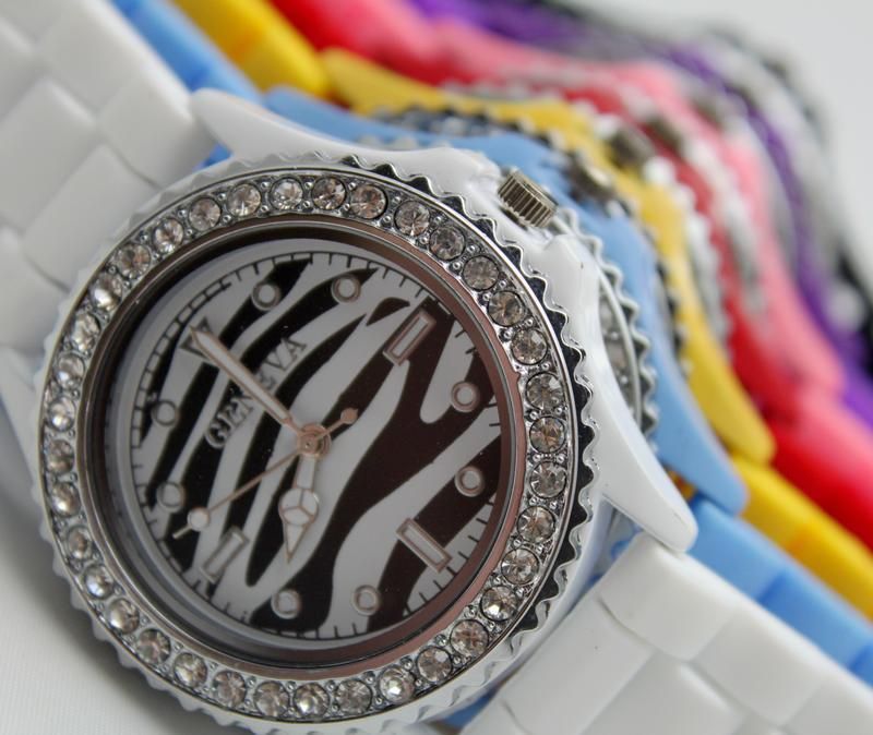   Zebra stripe Soft Rubber Silicone Crystal Jelly Watch Unisex 7 Color