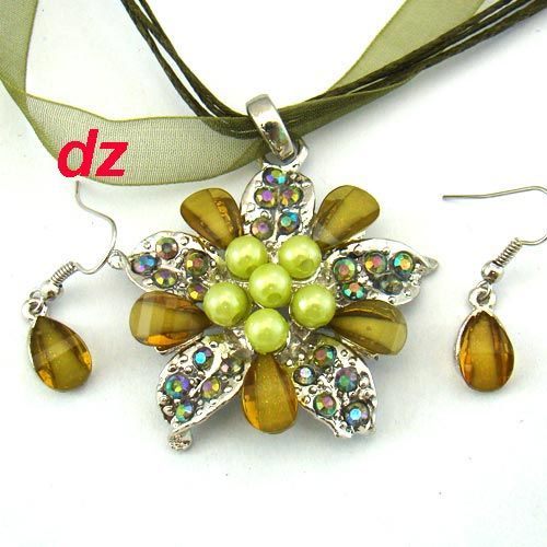 h610 Vogue Stylish Voile Flower Gemstone Necklace Pendant Earrings Set 