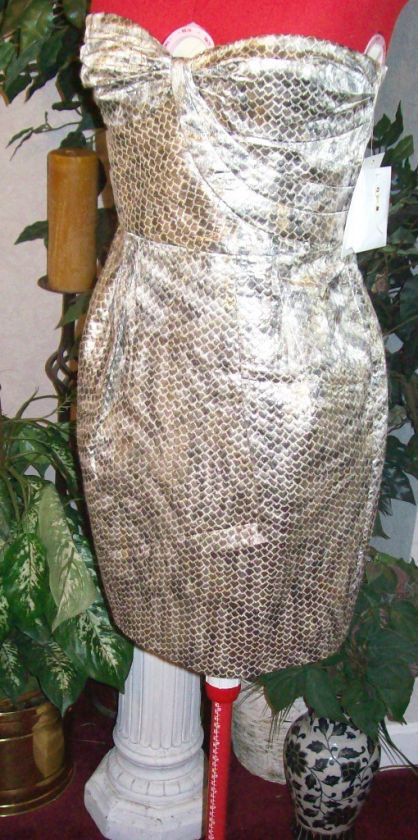 NEW LEIFSDOTTIR $358 GOLD SNAKSKIN STRAPLESS DRESS 6  