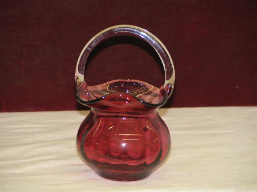 Cranberry Glass Basket, Clear Applied Handle NOS  