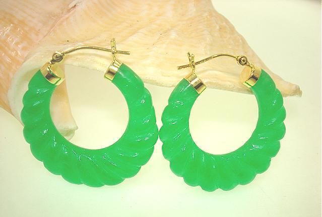 27mm Tapered Ring 14k Carved Green Jade Hoop Earrings 1  