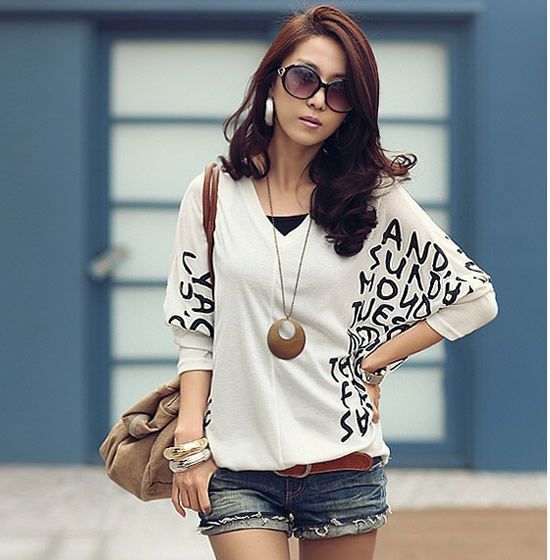   Batwing Dolman Short Sleeve Letter Prints Tops Blouses T Shirts  