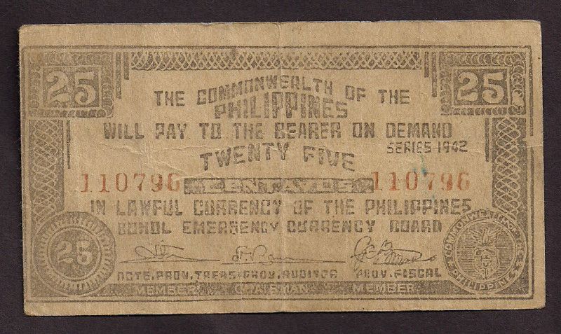 PHILIPPINES WW2 EMERGENCY CURRENCY 1942 25 CENT   0796  