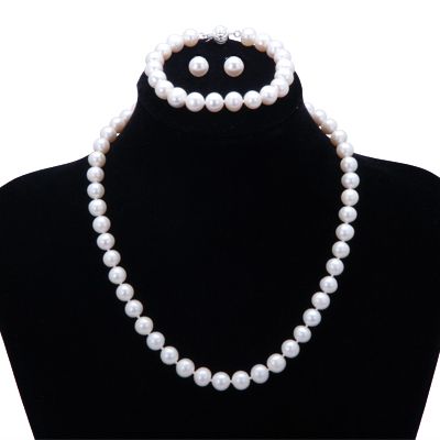 9mm Genuine Round Pearl Necklace Bracelet Earring Set  