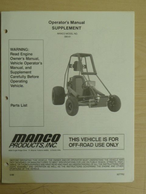 MANCO MODEL 390 01 GO KART PARTS LIST OPERATORS MANUAL CART  