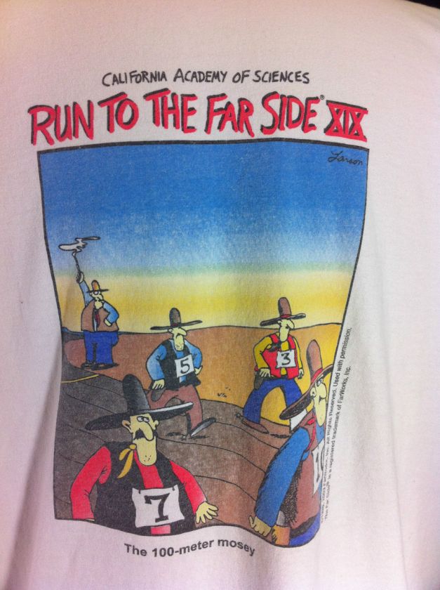 OFFICIAL FAR SIDE Shirt Large Gary Larson Comic White 100 Meter Mosey 