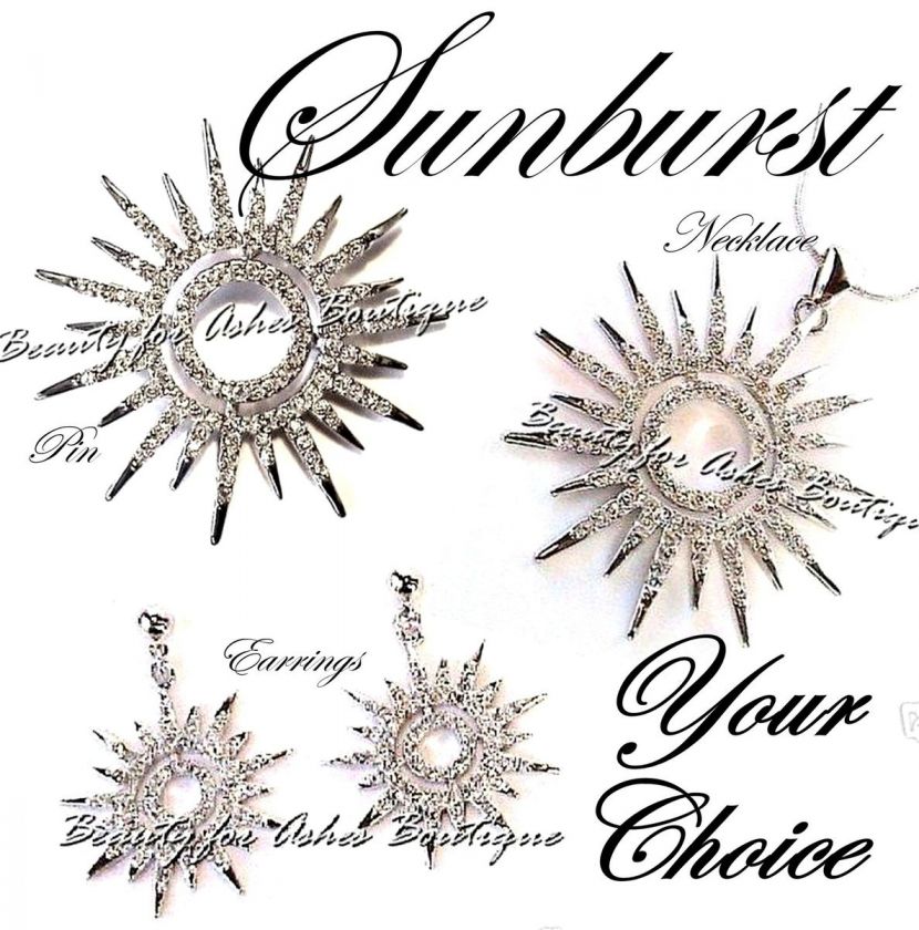   SUNBURST JEWELRY SUN STAR SUNRAY PAVE CZ PIN PENDANT SILVERTONE  