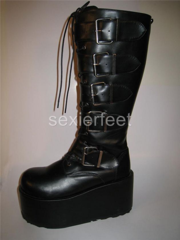 Platform 5 Strap Black Pu Knee Boots. Color Black Pu. DEMONIA 