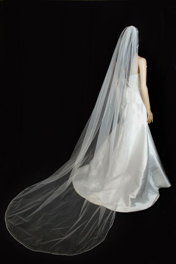 1T White Cathedral Beaded Pencil Edge Wedding Bridal Veil  