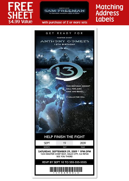 HALO WARS Birthday Party TICKET Style INVITATIONS  