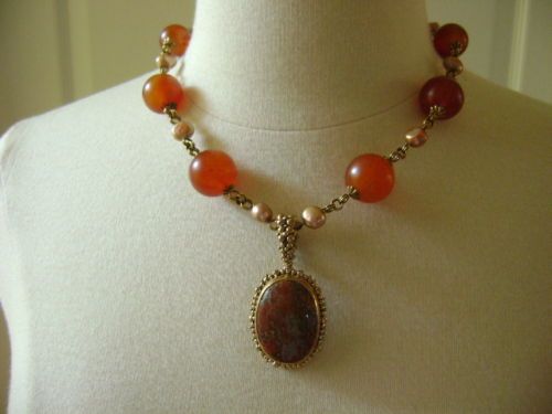 STEPHEN DWECK JASPER CARBOCHON/PEARL/BRONZE NECKLACE  