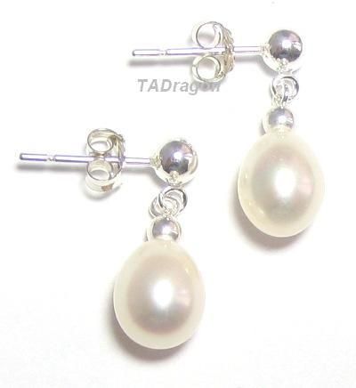 Genuine AAA White Pearl 925 Silver Dangle Post Earrings  