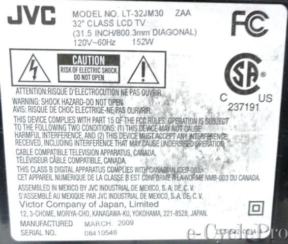 JVC LT 32JM30 32 High Definition 1080p LCD Television for Parts 