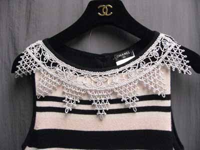 6K Chanel Crochet Lace 11C Pink Black White Stripe Cashmere Dress 36 