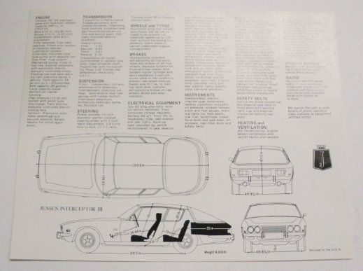 Jensen c. 1971 Interceptor III Specs Sales Brochure  