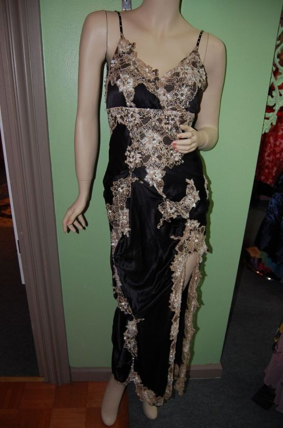 GENUINE SUE WONG Black Lace Applique Beaded Embroidery Draped Silk 