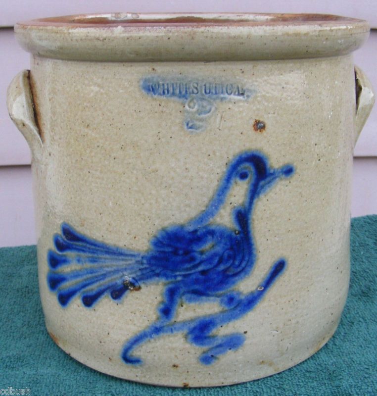 Antique Stoneware New York Whites Utica Bird Decoration Crock blue 