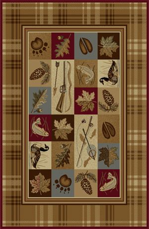   Bear Paw Fishing Fish Duck Pine Leaf Brown Burgundy Area Rug  