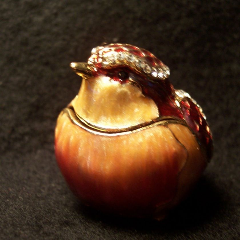 Jewelry Trinket Box RED BIRD Enamel with Clear Crystals  