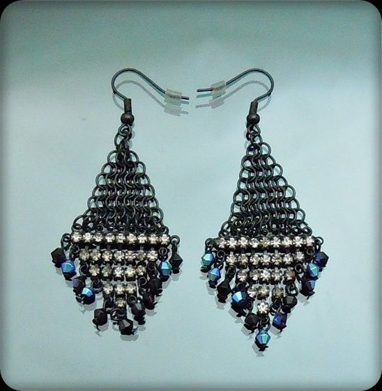 Vintage Black Chain tangle Crystal Chandelier Earring  