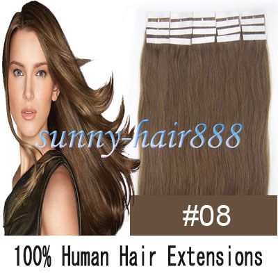 16 Long Remy Tape skin human hair extensions #08 Chesnut brown,30g 