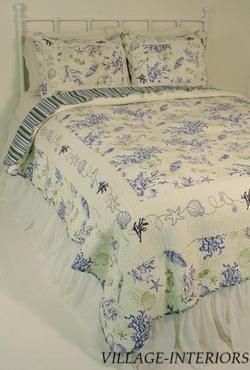 BLUE TROPICAL CORAL SEASHELL STARFISH KING QUILT SET  