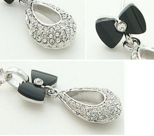 Rhinestones Crystal Moon Black Bow Drop Necklace 0825  