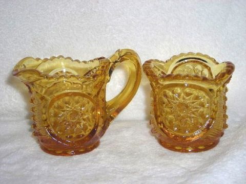 MINIATURE SUGAR BOWL AND CREAMER AMBER GLASS HOBSTAR SAWTOOTH  