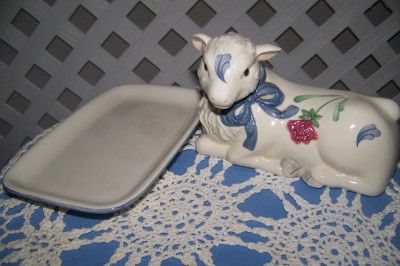   POPPIES ON BLUE BARNYARD 2PC LAMB COVER BUTTER DISH MINT  