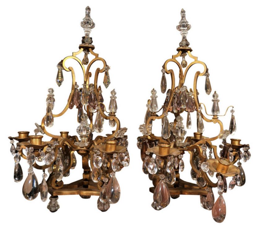 Pair Antique Bronze & Crystal Girandole Candelabra  