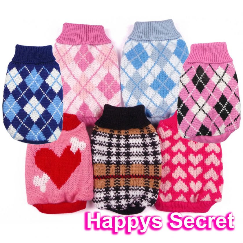 Dog Cat Pet Clothes Knitted Jumper Sweater Argyle Heart  