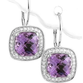   AMETHYST & DIAMONDS CUSHION CUT DANGLE EARRINGS 14K WHITE GOLD  