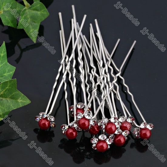 Red Faux Pearl Rhinestone Vogue Wedding Hair Pin* 10pcs  