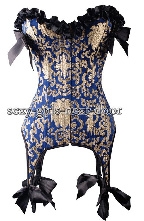 Sexy Blue CORSET Suspenders BustierChic Bow tie 2XL A102_blue