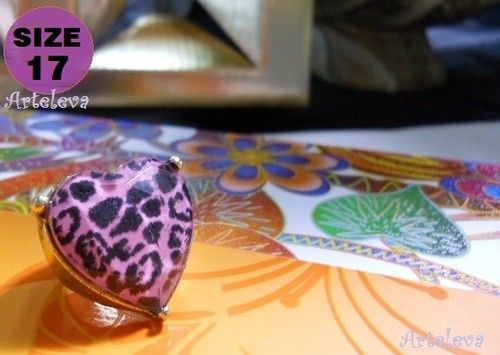   PINK LEOPARD HEART RING size 17 Vintage Retro Antique Jewelry  