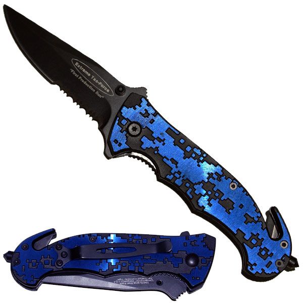 Spring Assisted Opening Tac Rescue Pocket Knife   Blue  