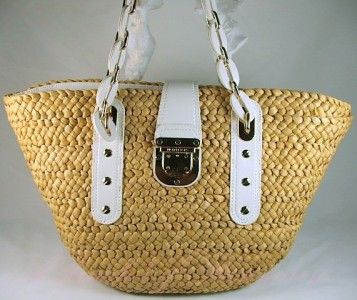 Michael Kors Santorini Straw Patent Leather Large Tote Bag Purse White 