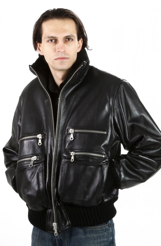   New Silver Zippered Black Urban Lambskin Leather Bomber Jacket  