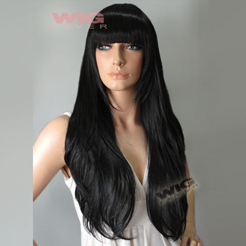 61cm Long Wavy Black With Bangs Hair Wig 12201  