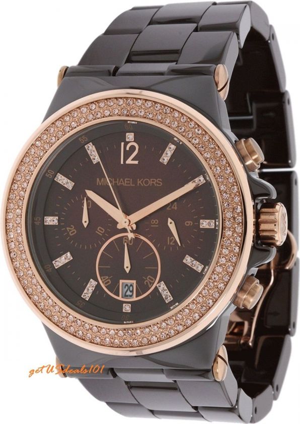 New Michael Kors MK5518 Runway Ceramic Espresso & Rose Gold Chrono 