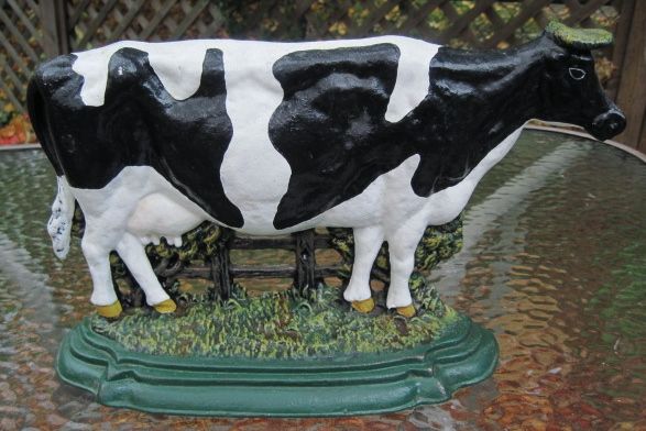 VINTAGE CAST IRON LARGE 15 HOLSTEIN COW DOOR STOP~HEAVY~ORIGINAL 