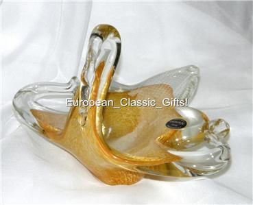 MURANO ART GLASS GOLD SWAN BOWL Italian CASED Dish ITALY QUICKLY 