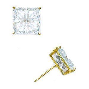 Solid Princess Square CZ Stud Earrings 14K Yellow Gold Basket 4 10 mm 