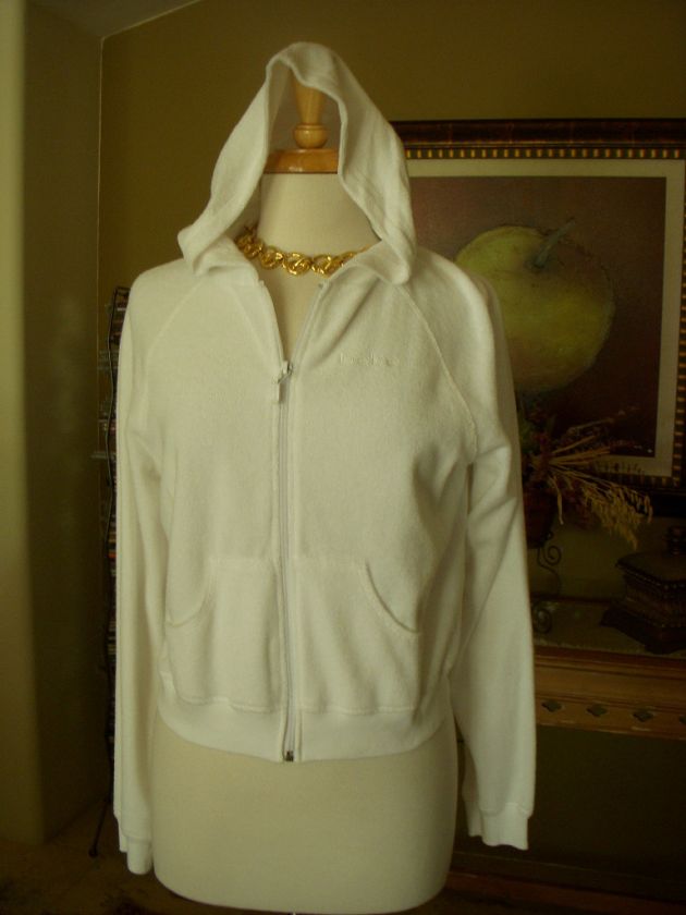   PROOF~~ $89 BEBE Snow White Terry Logo Hoodie Crop Coat Jacket L